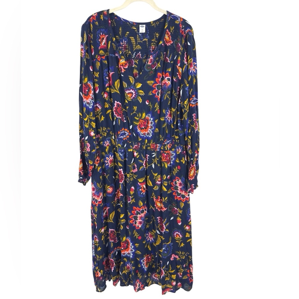 Old Navy Drop Waist Floral Boho Dress Size XL Smocked Long Sleeve Indie Prairie